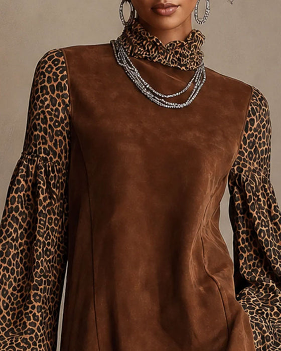 Kjole Leopard Trykk Lanterne Erme Rynket Rett Mini