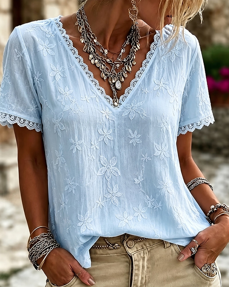 Bluse V-Hals Blonder Kort Erme