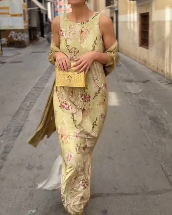 Sett Ermeløs Maxi Kjole + Matchende Cardigan