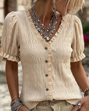 Bluse Plissert Ruffle V-Hals Boble Erme