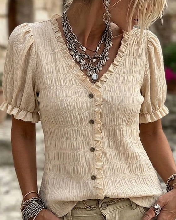Bluse Plissert Ruffle V-Hals Boble Erme