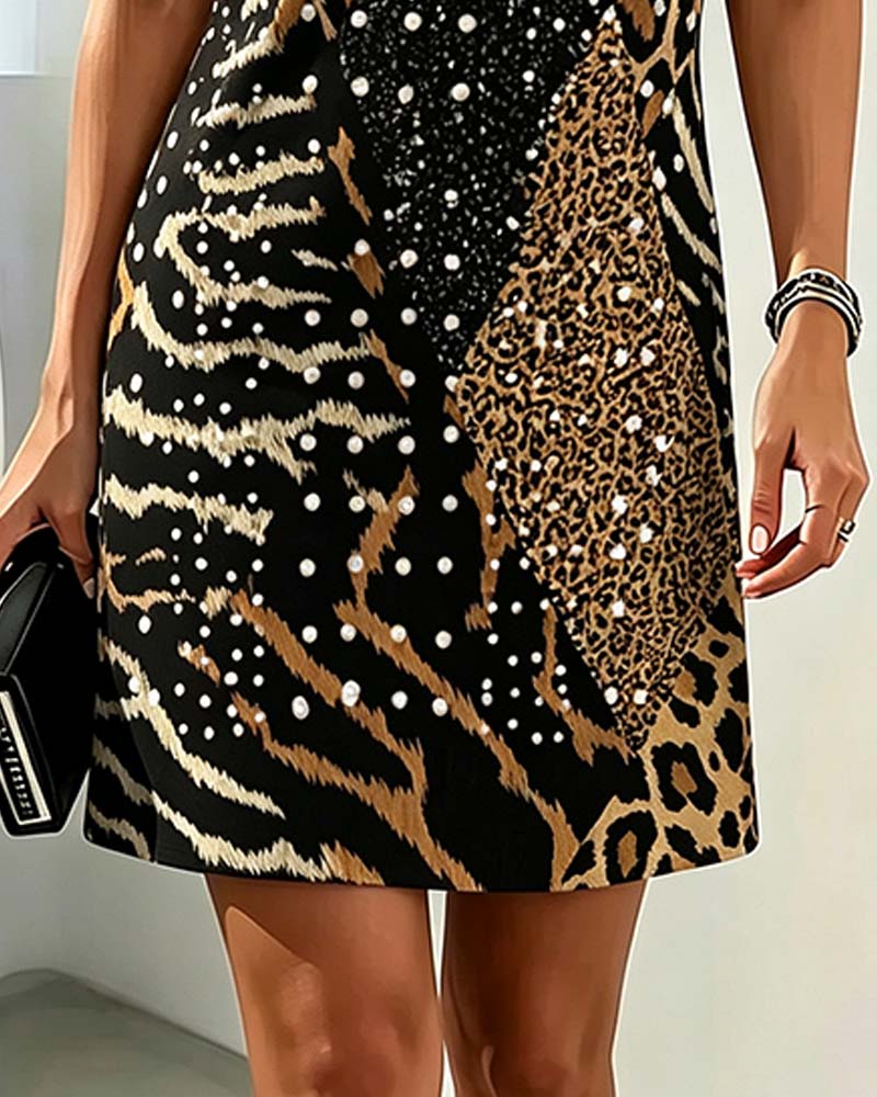 Kjole Leopardmønster Rundhalset Kortermet Patchwork