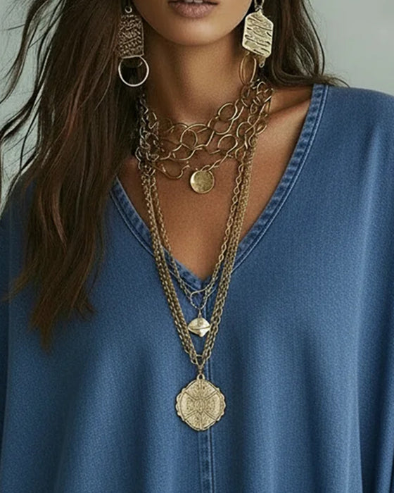 Bluse Med Uregelmessig V-Hals I Løs Denim