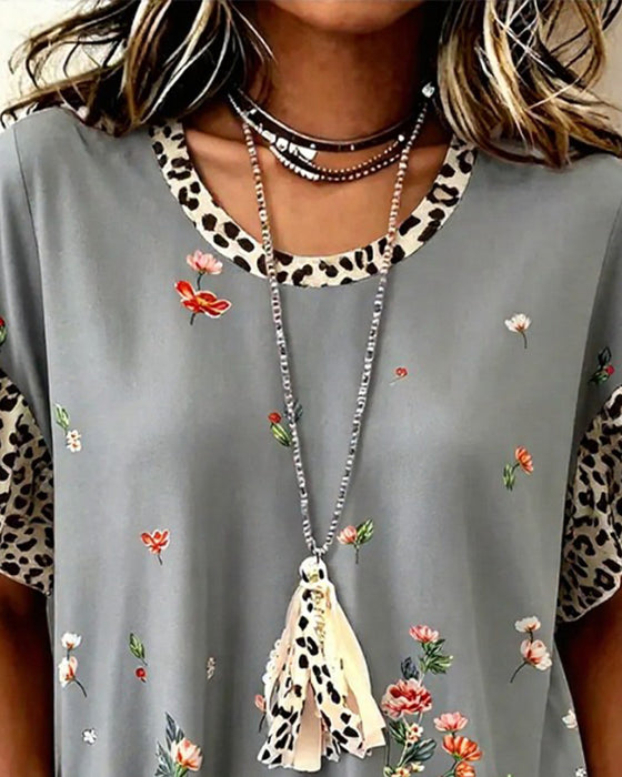 T-Skjorte Leopard Lappeteppe Blomstret Trykk