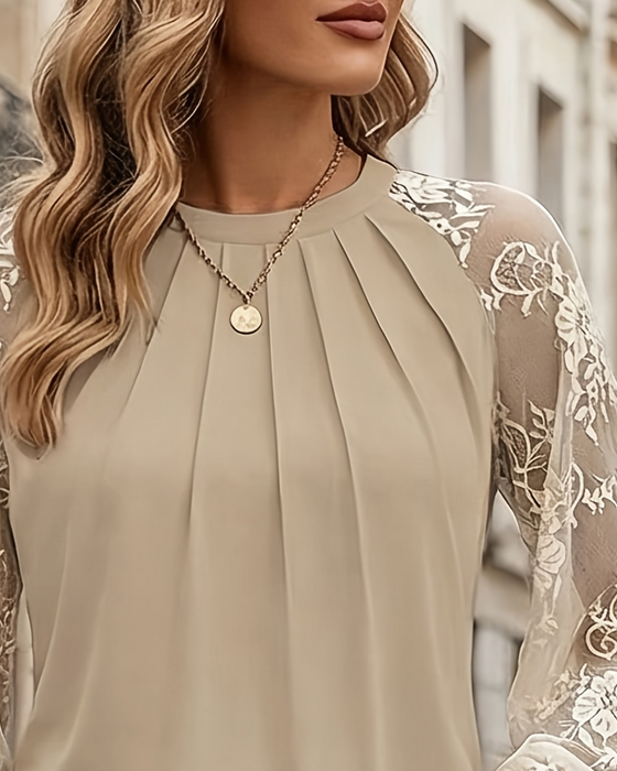 Bluse Rund Hals Rynket Blonde Patchwork