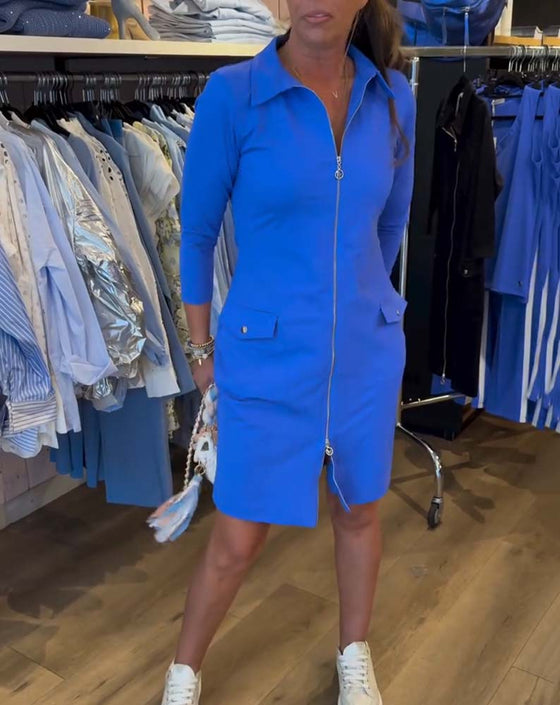 Kjole Krage Ensfarget Glidelås Lang Erme