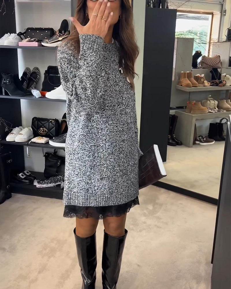 Helfarget Langermet Genserkjole Med Lappverk