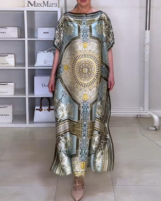 Boho-trykt løs kjole med slits