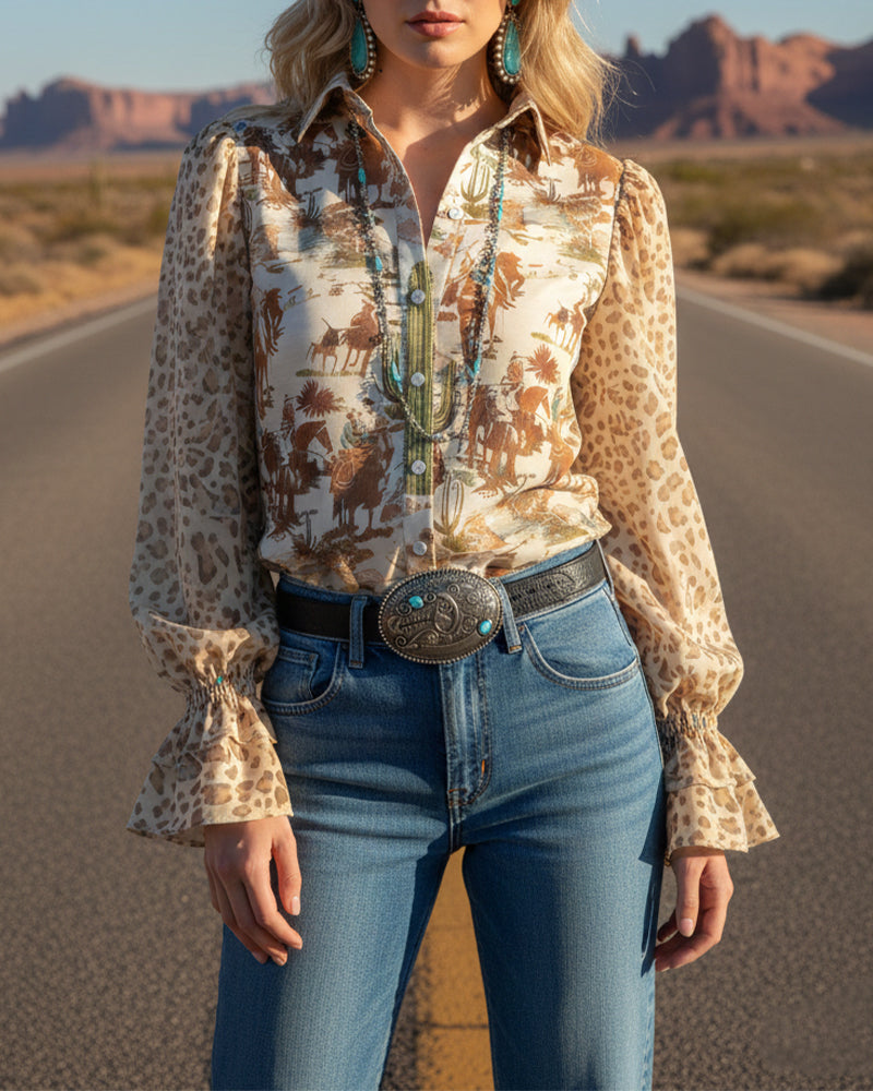 Skjorte Krage Vintage Trykk Puf Erm