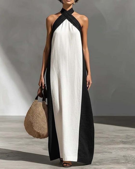 Kjole Kors Hals Kontrastfarge Chic