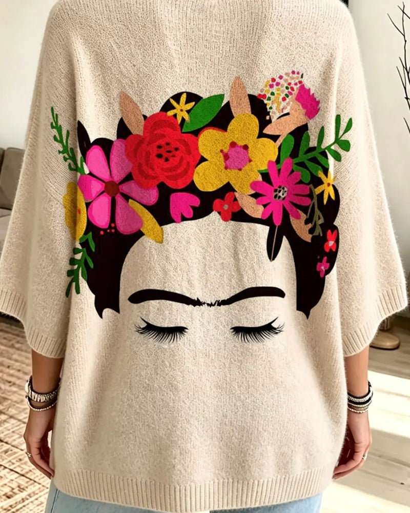 Loose Fit Ansikt Blomstret Trykk Pullover