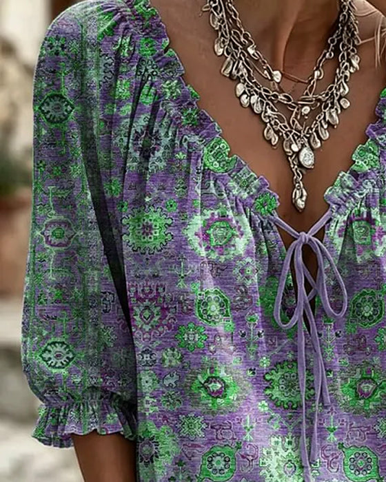 Bluse V-Hals Knyting Vintage Trykk