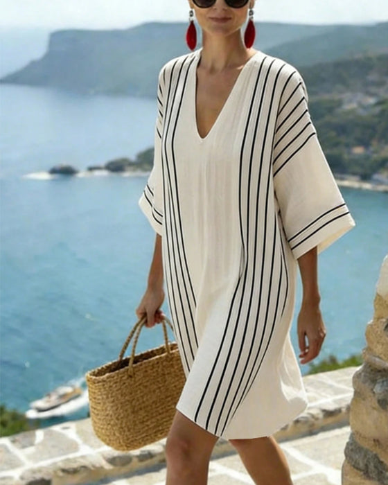 Kjole Off White Svart Stripe V Hals