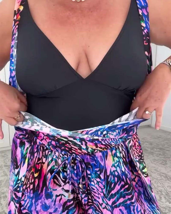 Badedrakt V-hals Fargerikt Trykk Éndelt