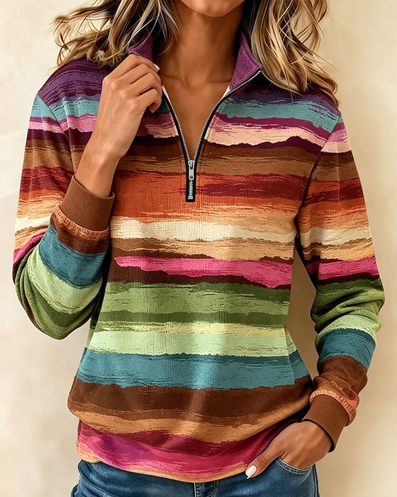 Sweatshirt Vintage Fargerik Stripet Halv Glidelås Stående Krage Lang Erme