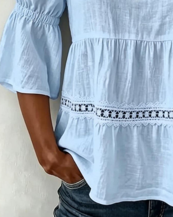 Blonde Bluse Med Lappverk Stropp Kalde Skulder