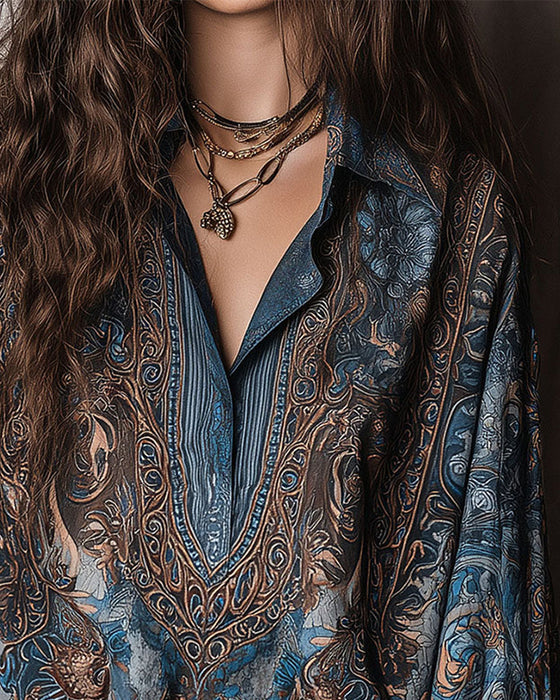 Bluse Retro Trykk V-hals Slårsmåkrage Sofistikert