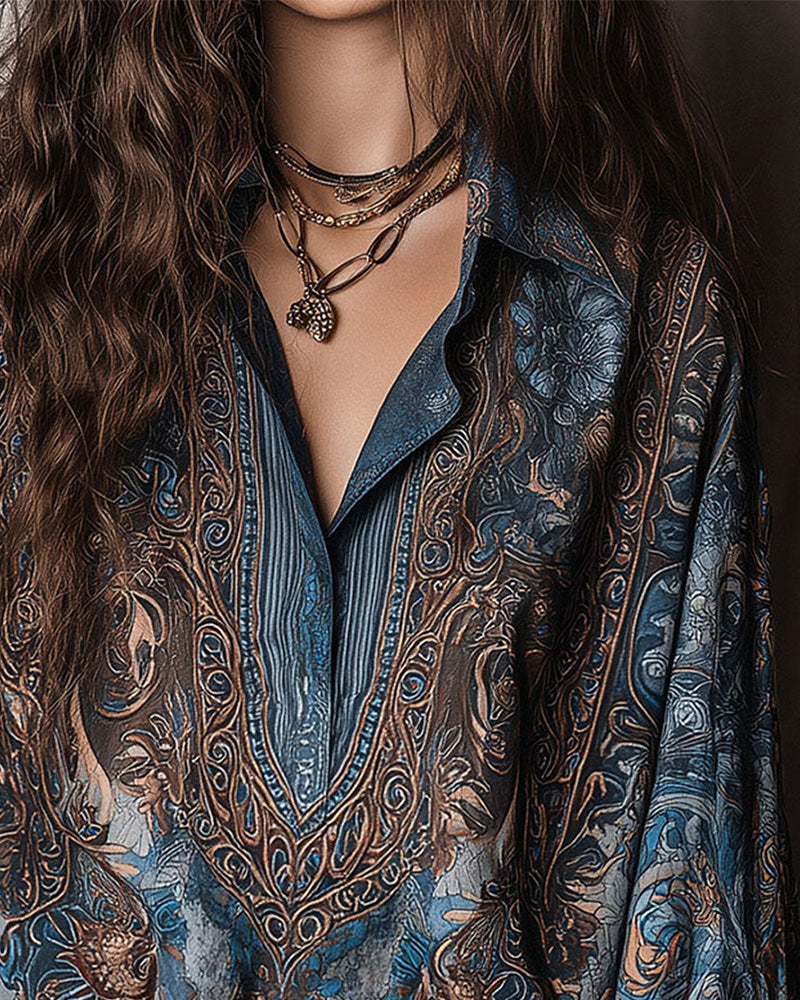 Bluse Retro Trykk V-hals Slårsmåkrage Sofistikert