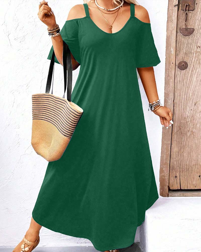 Kjole Ensfarget V-Utringning Off-Shoulder Lang