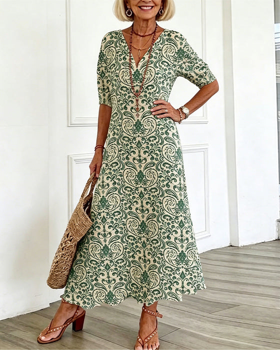 Kjole Vintage Blomstermønster V-Hals Maxi