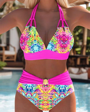 Bikini Dobbel Stropp Halter Neck Bh Topp Trykt