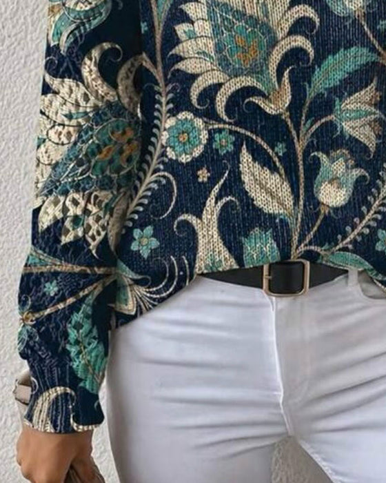 Pullover V-Hals Langermet Blomstret Trykk