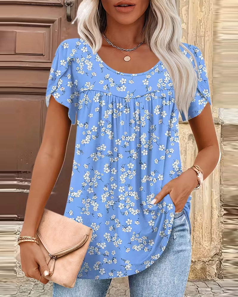 Bluse Småblomstret Trykk Rund Hals Kortermet