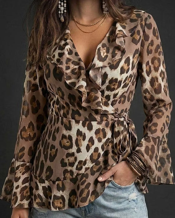 Bluse Ruffle Erme Leopard Trykk