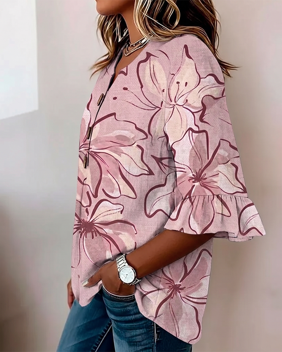 Bluse V-Utringning Blomstret Rysje 3/4-Erm