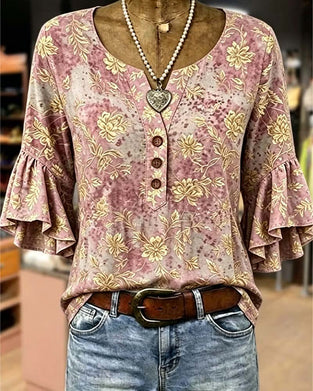 Bluse Retro Trykk Løs Rysj