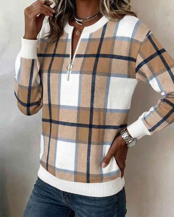 Sweatshirt Rutete Halvglidelås Rund Hals Pullover