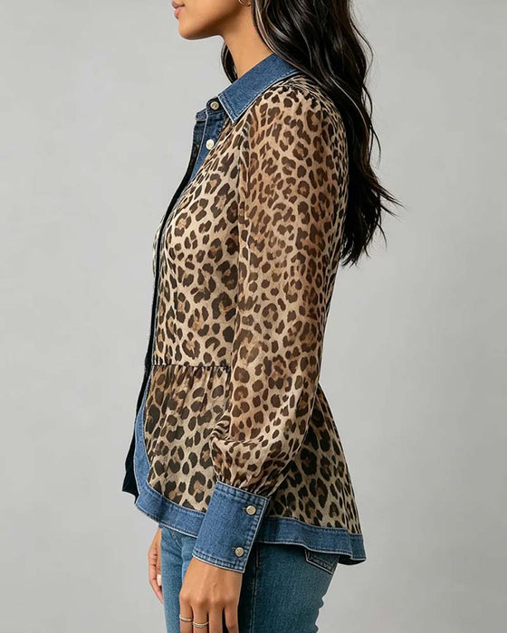 Bluse Denim Leopard Patchwork Midjekniping