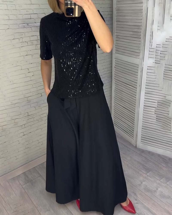 Slankende Paljett T-Skjorte Med Kort Erme