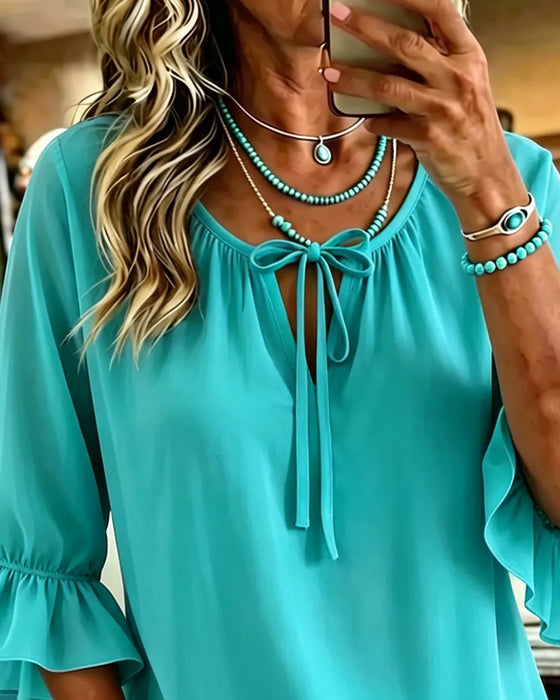 Bluse Solid Farge Rynket Erme Snøring