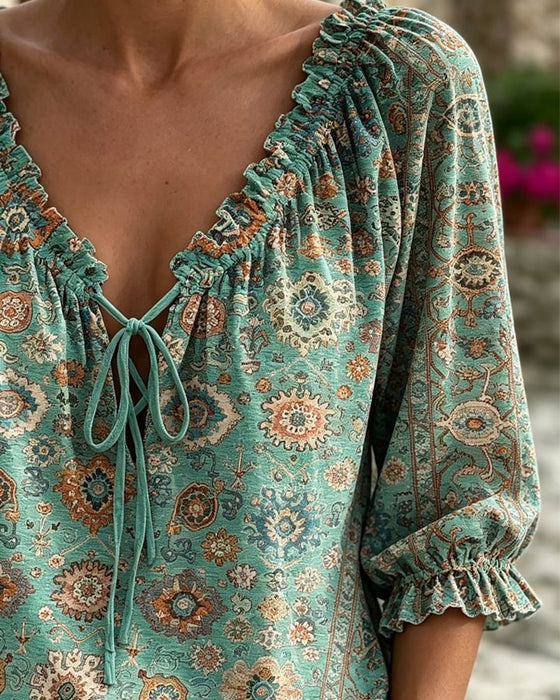 Bluse V-Hals Knyting Vintage Trykk