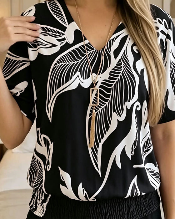 Bluse Blomstertrykk Strikk Kant Kortermet