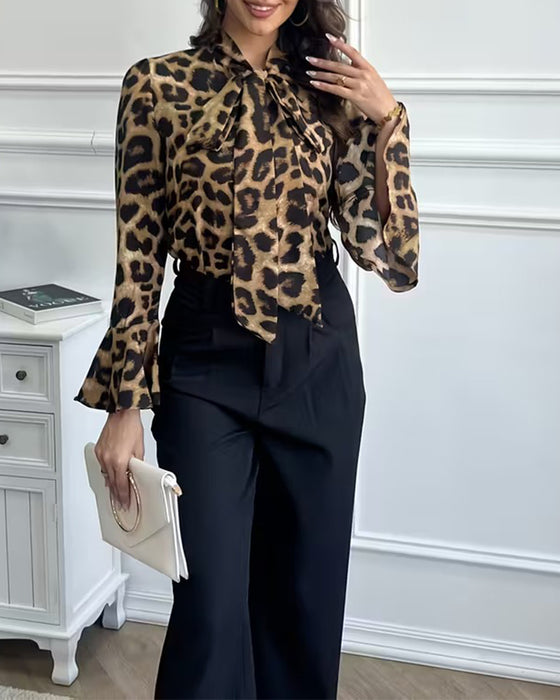 Bluse Leopardprint Båndhals