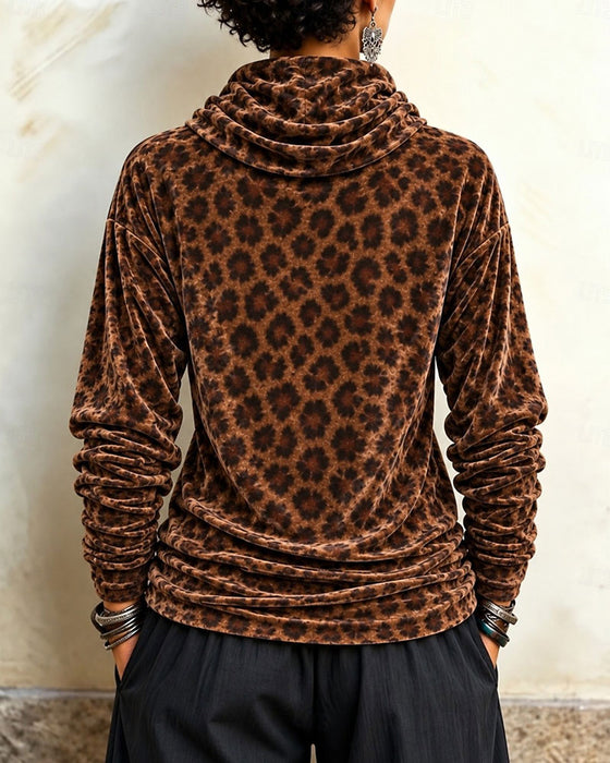 Topp Leopardmønster Rullekrage Fløyel Langermet