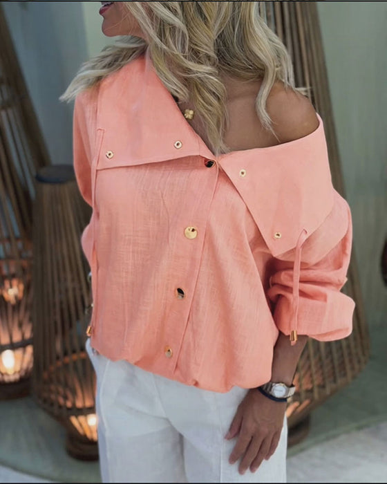 Blouse Stor Krage Knapp-Front Kort