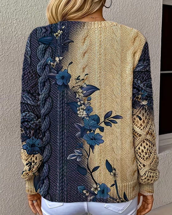 Pullover Gradient Fargeblokk Blomstret V-Hals Uthuling