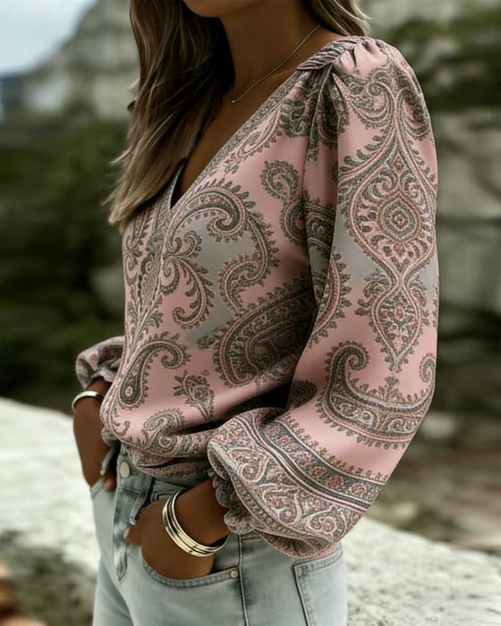 Bluse Paisley Mønster V-Hals Lykt Erme