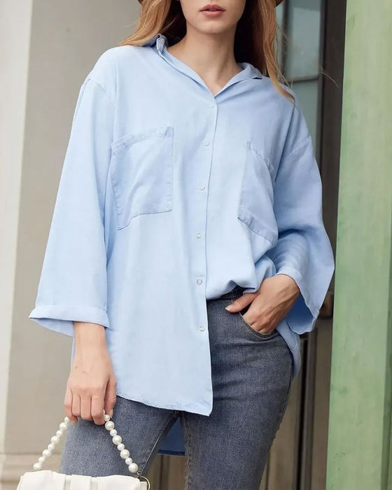 Skjorte Krage Lomme Knappes Ned Denim