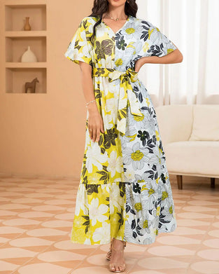 Kjole Blomstret Trykk V-Utringning Innsnørt Midje