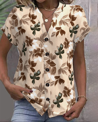 Bluse Ståkrage Kort Erm Trykt