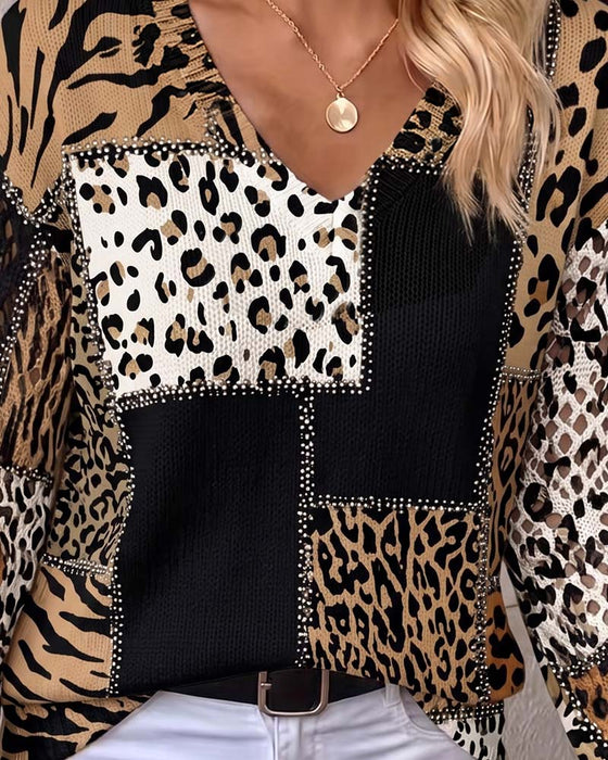 Pullover V-Hals Leopard Lang Erme