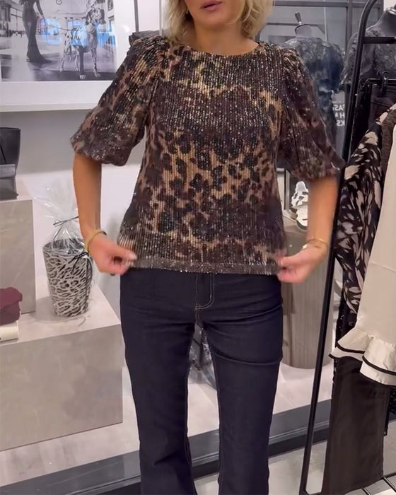Bluse Med Lanterneermer Paljetter Leopardmønster