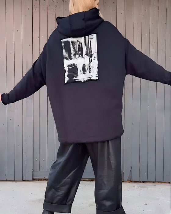 Hoodie Bokstav Trykk Løs Lang Erme Pullover