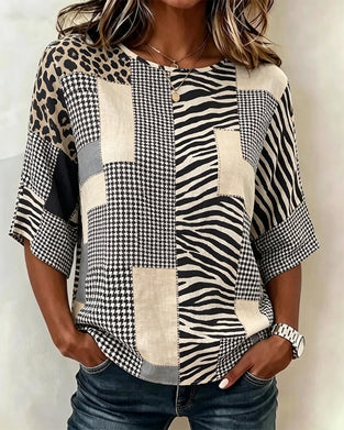 Bluse Rundhalset Lappeteppe Rutet Leopard