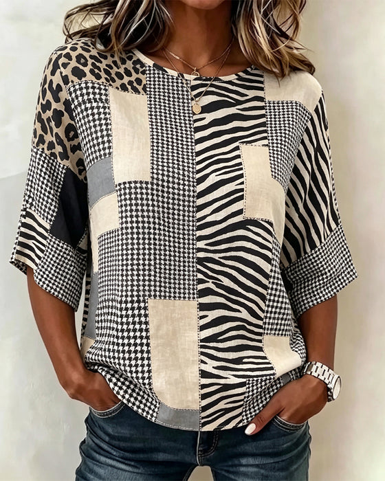 Bluse Rundhalset Lappeteppe Rutet Leopard