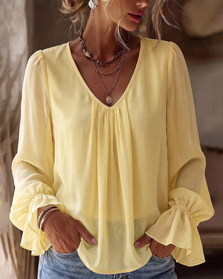 Bluse V-Hals Rynket Puffererme Ruffle
